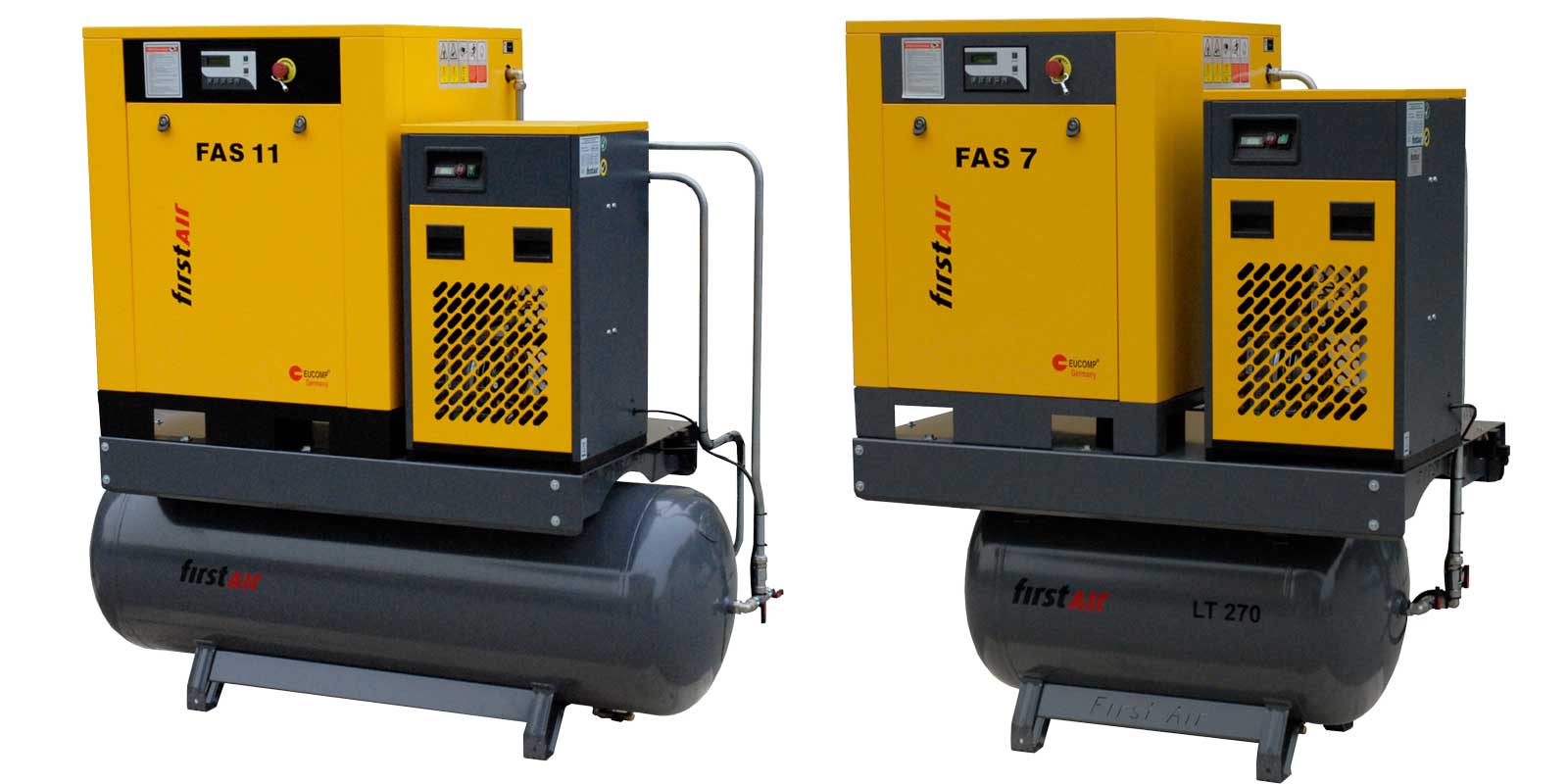 firstAir rotary screw air compressor models. Two different firstAir compressors shown with air receivers and air dryers.