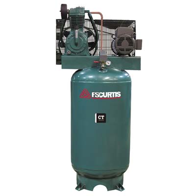 FS Curtis CT reciprocating air compressor. Green air compressor with drive, belt and fan.