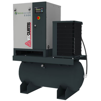 FS-Curtis Eco Scroll oil-free air compressor shown with tank and aftercooler.