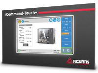 FS-Curtis iCommand-Touch+ control shown at an angle. Touch screen control with color display for rotary air compressors.