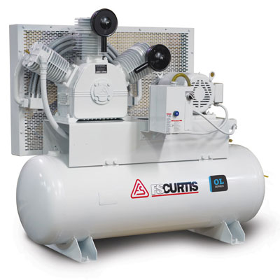 FS Curtis OL series oil free reciprocating compressor. Shown with compressor pump, tank and aftercooler.