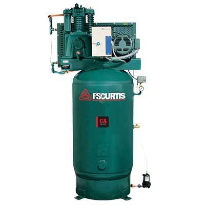 Vertical FS-Curtis CA reciprocating air compressor. Green in color.